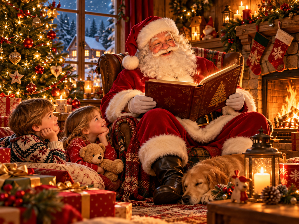 Weihnachtsgeschichten kostenlos anhören & vorlesen lassen 1 Weihnachtsabend mit Santa und Kindern